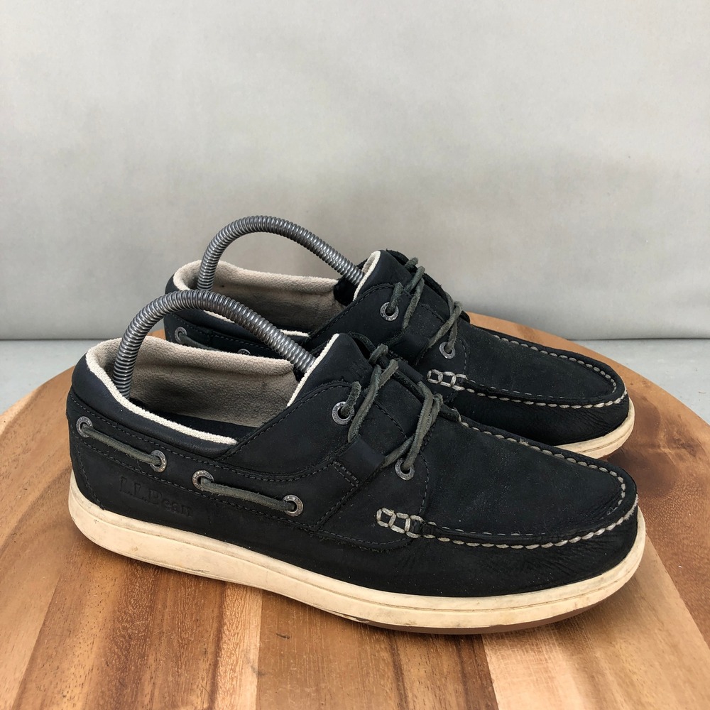 LL Bean Mens Boat Shoes Size 8 M Black Leather Lace Up Loafers Casual